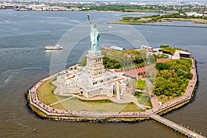 New York City Statue of Liberty aerial view in the United States