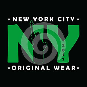 New York City, The Statue of Liberty print. Modern urban graphic for t-shirt. Original clothes design. Apparel typography. Vector.