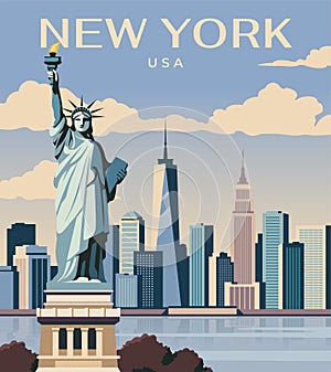 New York City with the Statue of Liberty and skyline, vector graphic on a blue sky and cloud background, concept of