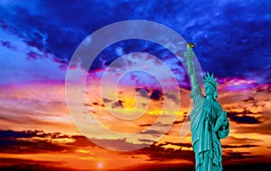 New York City Statue of liberty at sunset with American Symbol US