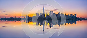 New York City sunrise panorama reflections.