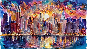 New York City Sunset Watercolour Painting