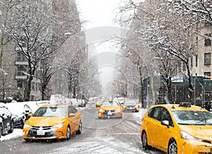 New York City taxis during a winter blizzard in Manhattan
