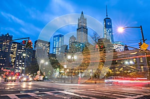 New York City traffic - Blurred lights with Manhattan skyline