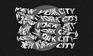 New York City typography text or slogan. Wavy letters with grunge, rough texture. T-shirt graphic with ripple or glitch effect.