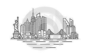 New York city, USA architecture line skyline illustration. Linear vector cityscape with famous landmarks, city sights