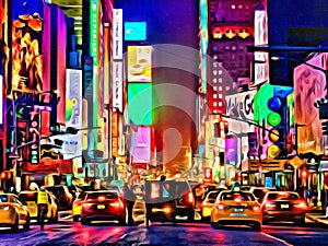 New York City USA artistic painting on canvas Yellow taxis and traffic at times square midtown at night