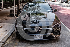 New York City, USA - August 05, 2023: Mercedes-Benz CLA Luxury black car front view, parked