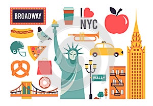 New York City, USA collection of icons and graphic elements. Geometrical modern style concept illustrations