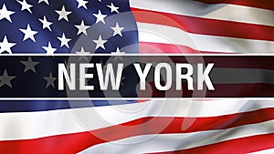 New York city on a USA flag background, 3D rendering. United states of America flag waving in the wind. Proud American Flag Waving