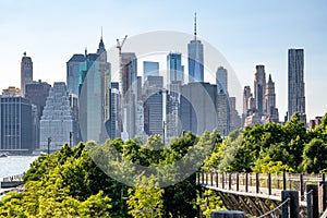 New York, City / USA - JUL 10 2018: Lower Manhattan skyline daylight view from Brooklyn Queens Expressway in Brooklyn Heights