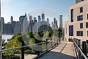 New York, City / USA - JUL 10 2018: Lower Manhattan skyline daylight view from Brooklyn Queens Expressway in Brooklyn Heights