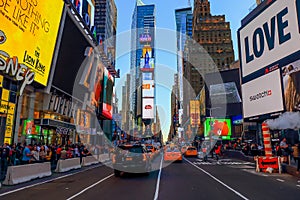 New York City, USA - June 7, 2017: Traffic and people activity in Times Square at sunset