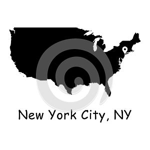 New York City on USA Map. Detailed America Country Map with Location Pin on NYC. Black silhouette and outline vector maps isolated