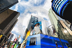 New York City modern architecture, low angle view. Times Square