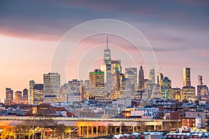 New York City, USA midtown Manhattan skyline at dusk from Brooklyn