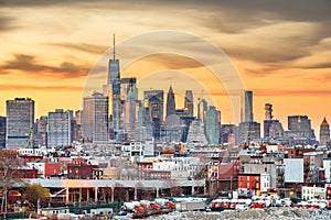 New York City, USA midtown Manhattan skyline at dusk from Brooklyn