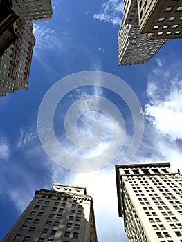 New York City USA Skyscrapers blue sky white clouds