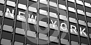 NEW YORK city, USA Text. Split flap Airport white letters on display, black background 3d illustration photo