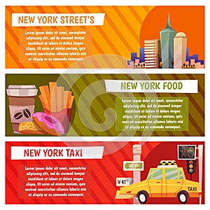 New York city Vector banners with flat icons Fast food, streets, city line, yellow taxi