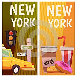 New York city Vector banners with flat icons. Yellow taxi, big apple. City line