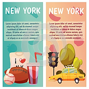 New York city Vector banners with flat icons. Yellow taxi, sport, baseball, rugby. City line