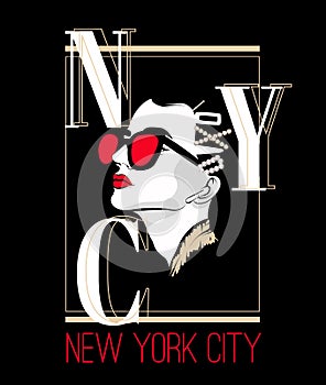 New York City. Vector hand drawn ilustration of pretty girl with hairpins isolated.