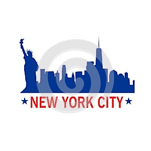 New York City vector illustration with city  silhouette and statue of liberty. T- shirt print