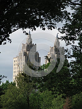 New York city view of buildings through tree trunks and green leaves. Manhattan NY, USA