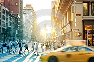 New York City yellow taxi cab speeds past the crowds of people in New York City photo