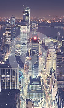New York cityscape at night, color toning applied, USA