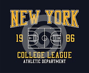 New York college style basketball t-shirt design. Tee shirt with basketball field. Sport apparel print. Vector