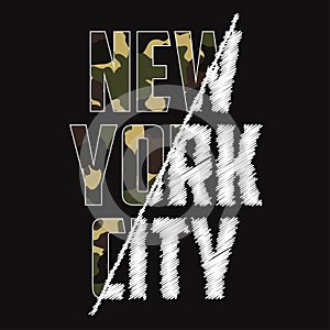 New York composite slogan t-shirt with camouflage texture. Brooklyn camo tee shirt typography with spliced embroidery print.