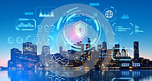 New York and cybersecurity with data protection, infographics and lock icon