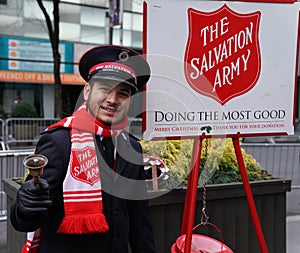 Salvation Army soldier performs for collections in midtown Manhattan