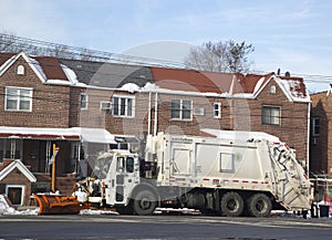 New York Department of Sanitation truck cleaning streets in Brooklyn after massive winter storms