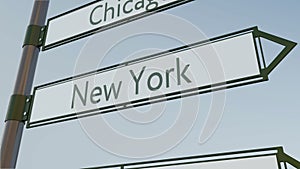 New York direction sign on road signpost with American cities captions. Conceptual 3D rendering