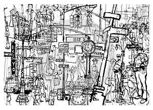 New York doodle with hand drawn elements and typical symbols of the city life