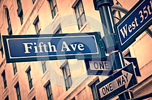 New York Fifth avenue street sign post vintage style