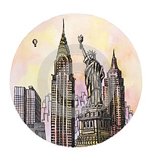 The New York with freedom monument watercolor hand drawing, famouse arhitectural buillding isolated