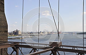 New York Harbor view from Brooklyn Bridge over East River of Manhattan from New York City in United States