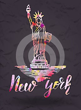 New york label with hand drawn the Statue of Liberty , lettering New york with watercolor fill