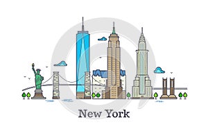 New york line vector symbol, nyc silhouette outline panorama, america skyline vector illustration