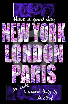 New York London Paris typography, t-shirt graphics design for girls