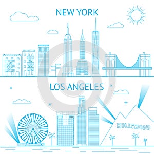 New York and Los Angeles skyline illustration in