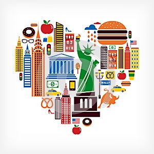 New York love - heart shape with many vector icons