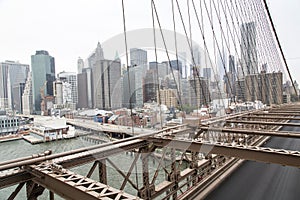 New York, Lower Manhattan skyline as seen from the Brooklyn Bridge