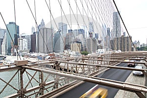 New York, Lower Manhattan skyline as seen from the Brooklyn Bridge