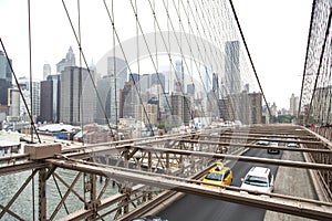 New York, Lower Manhattan skyline as seen from the Brooklyn Bridge