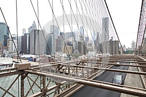 New York, Lower Manhattan skyline as seen from the Brooklyn Bridge